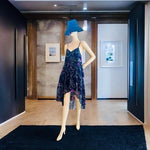 ECOTE High-Low Dress Size M Navy Blue Pink Floral Sheer Double Layer Very Good