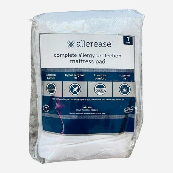AllerEase Complete Allergy Protection Mattress Pad Twin White Cotton Quilted NIP