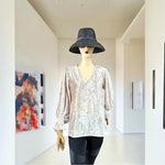 HALOGEN Womens Balloon Sleeve Blouse M Champagne Glitter Velvet V Neck Top EXC