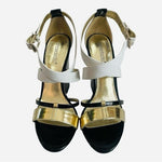 SHOEDAZZLE MORGANA Black Gold White Open Toe Platform Wedge Sandals Size 8