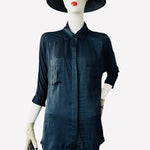 BCBGMAXAZRIA Women's Black Satin Blouse M 3/4 Sleeve Button Front Pockets VG