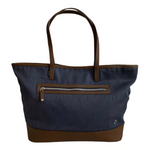 VESSEL Brown Blue Denim Canvas Leather Tote Bag Weekend Shoulder Zip Very Good