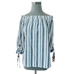 Velvet Torch Women's Off Shoulder Striped Top M Blue White Cotton Knot Sleeve VG