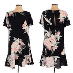 Leith Women's Black Floral Print Mini Dress M Ruffle Hem Keyhole Back Bell