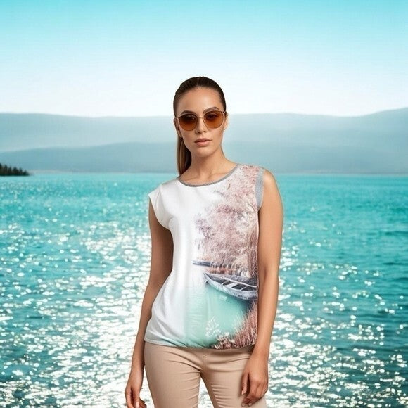 Orsay Women's Gray Satin Lake Boat Print Blouse M Short Sleeve Crew Neck Good