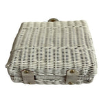 Vintage White Wicker Handbag Lucite Handles Pleated Purse Made Hong Kong 9x4x8"