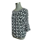 Vince Camuto Women's Black White Geometric Sheer Blouse S Relaxed Fit 3/4 Sleeve