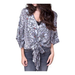 LOVESTITCH Womens Blouse M Grey Multicolor Floral Wrap Long Sleeve Knot Back VG