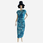 Boss Hugo Boss Etall Women's Blue Watercolor Print Ruched Midi Dress L NWOT