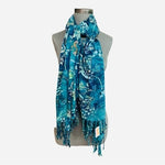 Sartiki Tropical Fringe Sarong Blue Green Floral Beach Cover Up Wrap NWOT