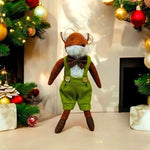Handmade Felted Fox Gentleman Christmas Ornament 8"x4" Fabric Stuffed Xmas VG