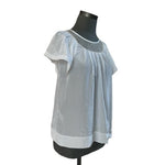 MK2K Womens Top M White Satin Beige Lace Short Sleeve Ruffle Blouse Crewneck VG