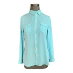 Loft Ann Taylor Light Teal Sheer Blouse SP Long Sleeve Button Front Pockets EXC