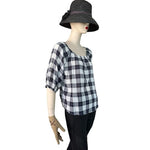 Universal Thread Women's Off Shoulder Blue White Plaid Cotton Blouse M Bubble VG