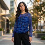 DKNY Women's Mesh Zebra Print Blue Black Long Elastic Rushed Sleeve Top Sz L VG