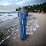 Sarin Mathews Women's Blue Cotton V-Neck Maxi Dress L Short Sleeve Beach NWT