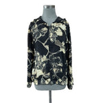 Womens Reversible Hoodie L Floral Black White Beige Zip Front Sheer Cardigan VG