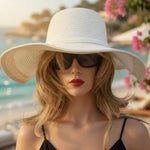 White Wide Brim Paper Straw Sun Hat Women's Beach Floppy Hat One Size VG