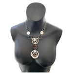 Vintage Silver Hammered Medallion Crystal 'Y' Open Circle Statement Necklace 21”