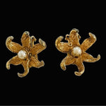 Vintage 1960s Flower Clip On Earrings Gold Tone Floral Petal Pearl Design 1" G