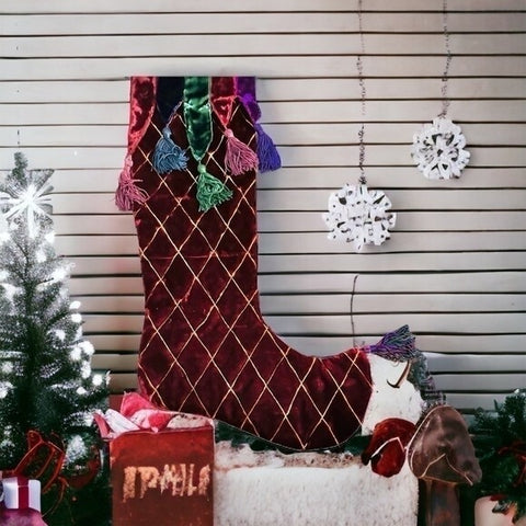 Large Christmas Stocking 42" Burgundy Red Velvet Quilted Tassels Handmade India