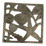 Silver Metal Trivet Coastal Starfish Shell Design Square 7.5 in Vintage