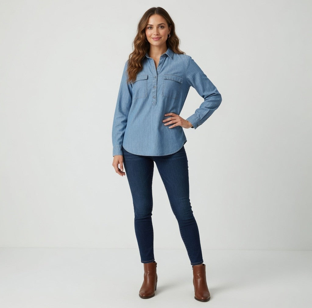 Old Navy Women's Light Blue Chambray Half Button Tunic Shirt M Long Sleeve VG