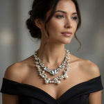 Women's Beads Crystals Necklace Silver Tone Double Layered Necklace Jewelry