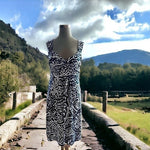 Loft Ann Taylor Women's Navy Blue White Paisley Midi Dress 6 Stretch Sleeveless