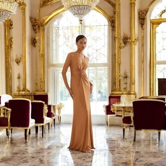 Lauren Ralph Lauren Gold Metallic Jersey Gown Twist Waist Maxi Dress Size 10 NWT