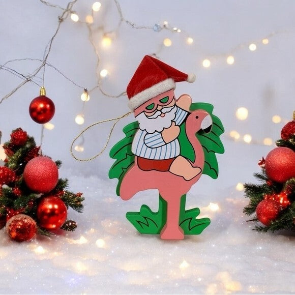 Rare Santa Claus on Pink Flamingo Wooden Christmas Tree Ornament Collectible