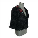 ALBERTO MAKALI Cropped Blazer S Jeweled Floral Fuzzy Jacket Black Red Green EXC