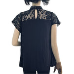 Cable & Gauge Women's Black Lace Short Sleeve Funnel Neck Blouse L Crochet G+