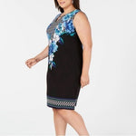 JM Collection Keyhole Sheath Dress XXL Blue Black White Floral Midi Stretch VG