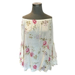 FEVER Womens Floral Print Blouse S White Multicolor Off Shoulder Bell Sleeve NWT