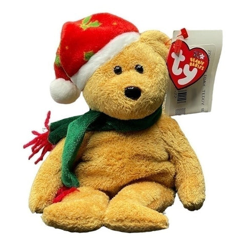 TY Beanie Baby Christmas Brown Teddy Bear 8.5" 2003 Holly Hat Green Scarf NWT