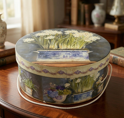 Present Company Kathryn White Daffodil Botanical Round Hat Box 13" Excellent