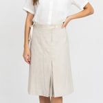 MANGO Light Gray A-Line Skirt Ribbon Belt Knee Length Women Size 8 Front Slit EX