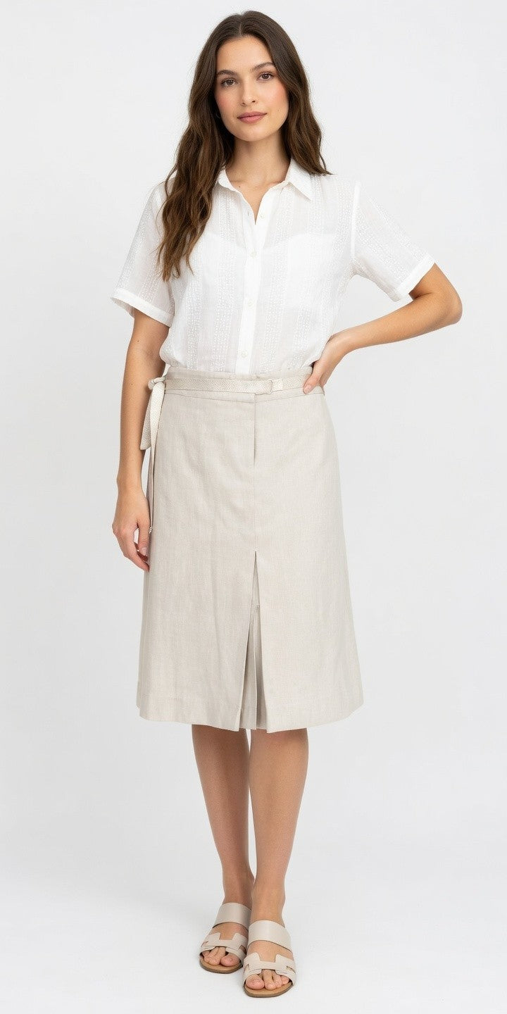 MANGO Light Gray A-Line Skirt Ribbon Belt Knee Length Women Size 8 Front Slit EX