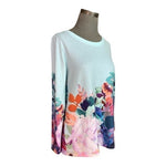 Soft Surroundings Aqua Floral Sweater Crew Neck Pullover Size XS Long Sleeve VG
