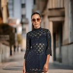 Marks & Spencer Black Lace Blouse Sheer Elegant Funnel Collar 3/4 Sleeve Size M