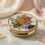 Vintage Gold Tone Floral Pill Trinket Box Multi-Color Flowers Container
