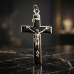 Vintage Italian Silver Tone Black Inlay Crucifix Pendant Catholic Cross 1.75" VG