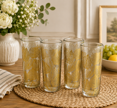 Vintage TMD Holdings Gold Tone Leaf Pattern Highball Glasses Set of 4 Shots EXC