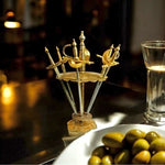 Vintage Spanish Toledo Cocktail Swords Picks Set 6 Gold Silver Metal Stand 4"