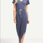 Sarin Mathews Women's Blue Cotton V-Neck Maxi Dress L Short Sleeve Beach NWT