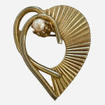 Vintage 1960s Heart Brooch 1.5" Gold Tone Pearl Accent Pin Textured Good