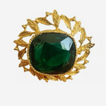 Vintage Victorian Style Green Rhinestone Brooch Gold Tone Pin Costume Jewelry VG