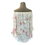 FEVER Womens Floral Print Blouse S White Multicolor Off Shoulder Bell Sleeve NWT