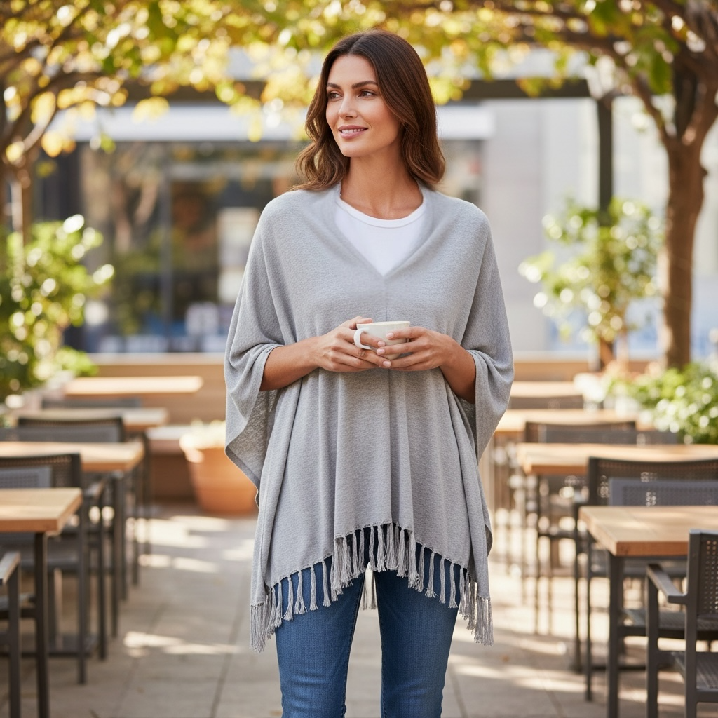 MICHAEL KORS Womens Poncho S/M Light Gray Birdie Sweater Knit Cape Fringe Design